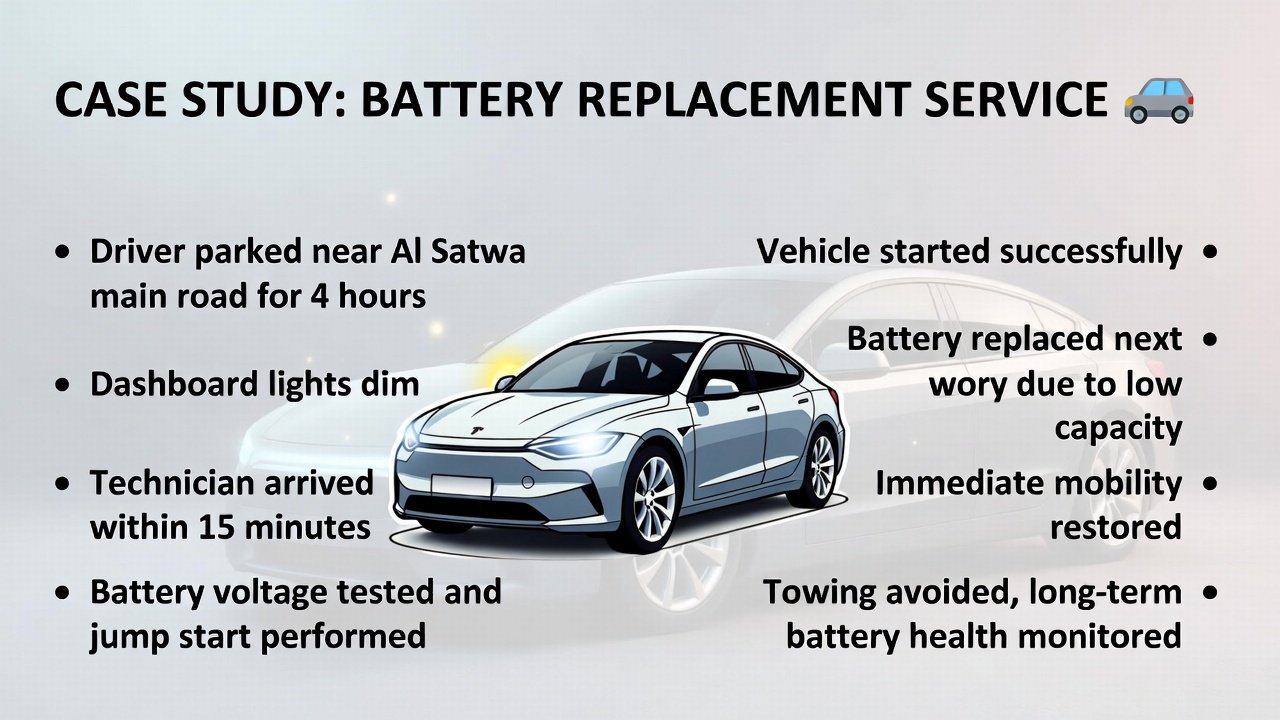 "User guide illustration showing the title at the top, animated premium car in the center, and key case study points about emergency jump start in Al Satwa displayed on sides."