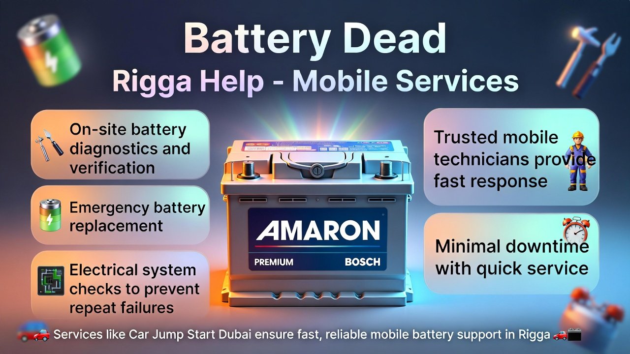 "Battery Dead Rigga Help infographic showing title on top, mobile service key points like diagnostics, battery replacement, electrical checks on sides, with premium battery in the center and animated infographic style."