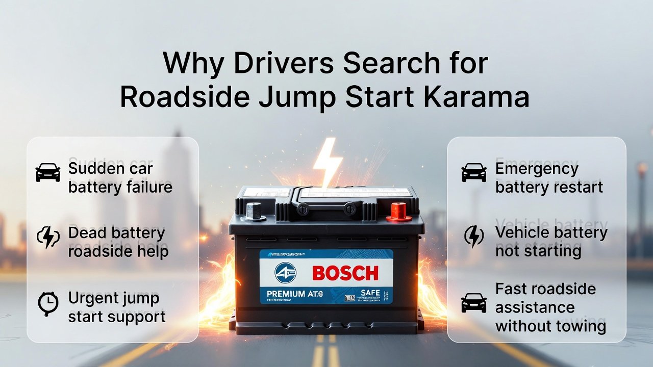 Infographic illustrating why drivers search for roadside jump start services in Karama, showing title on top, common emergency battery problems on sides, and a glowing premium battery in the center.