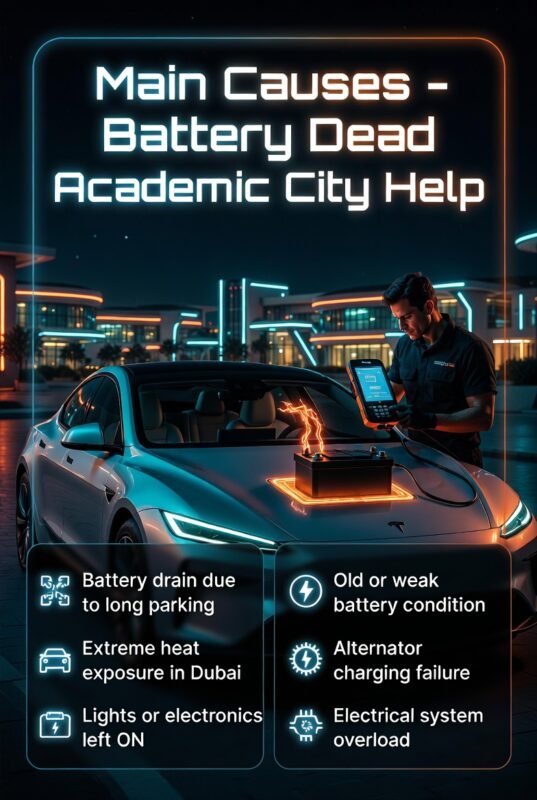 Infographic showing main causes of battery dead Academic City help including heat, battery drain, and electrical failures.