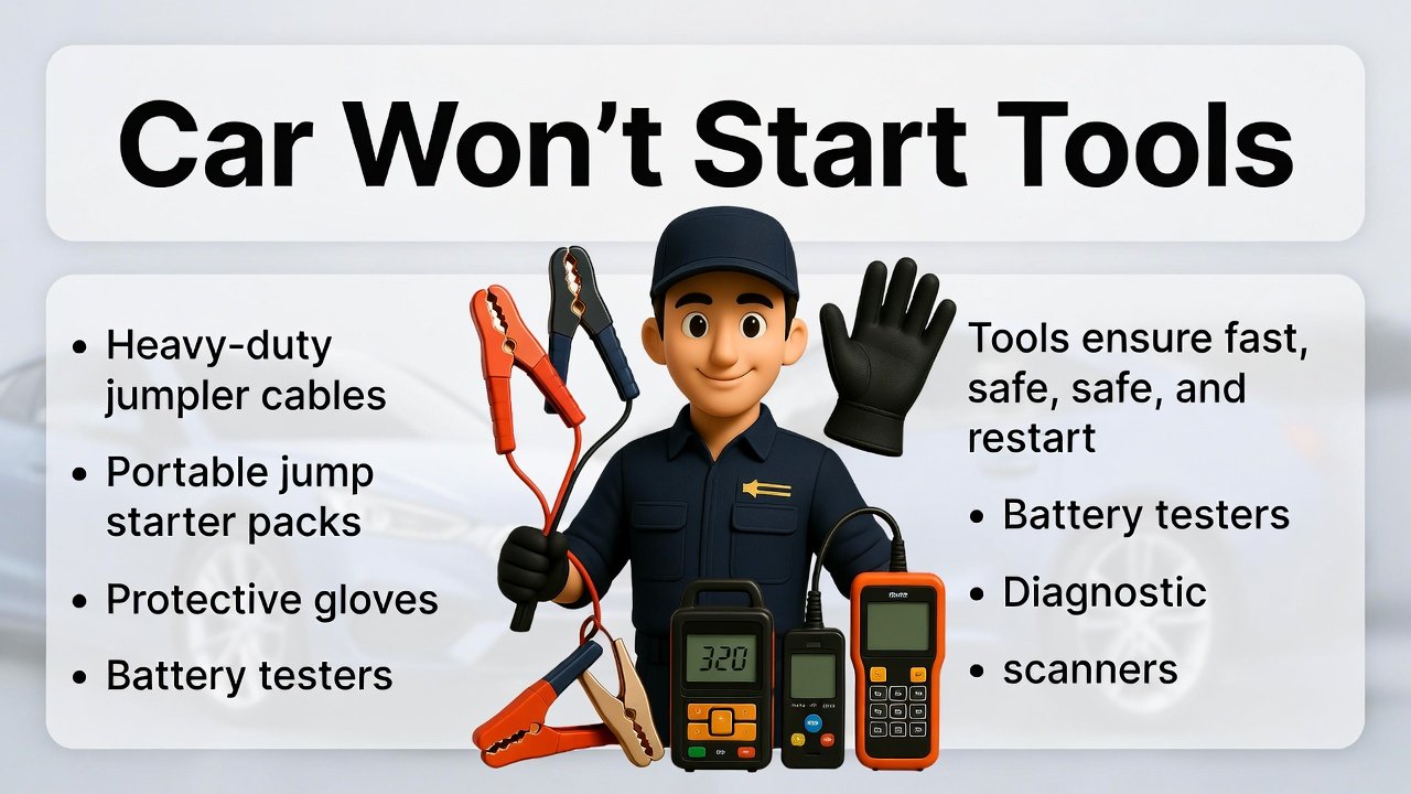 "Animated illustration of a technician with tools for restarting a car, including jumper cables, portable jump starter, gloves, battery testers, and diagnostic scanners, with title on top and points on the sides."