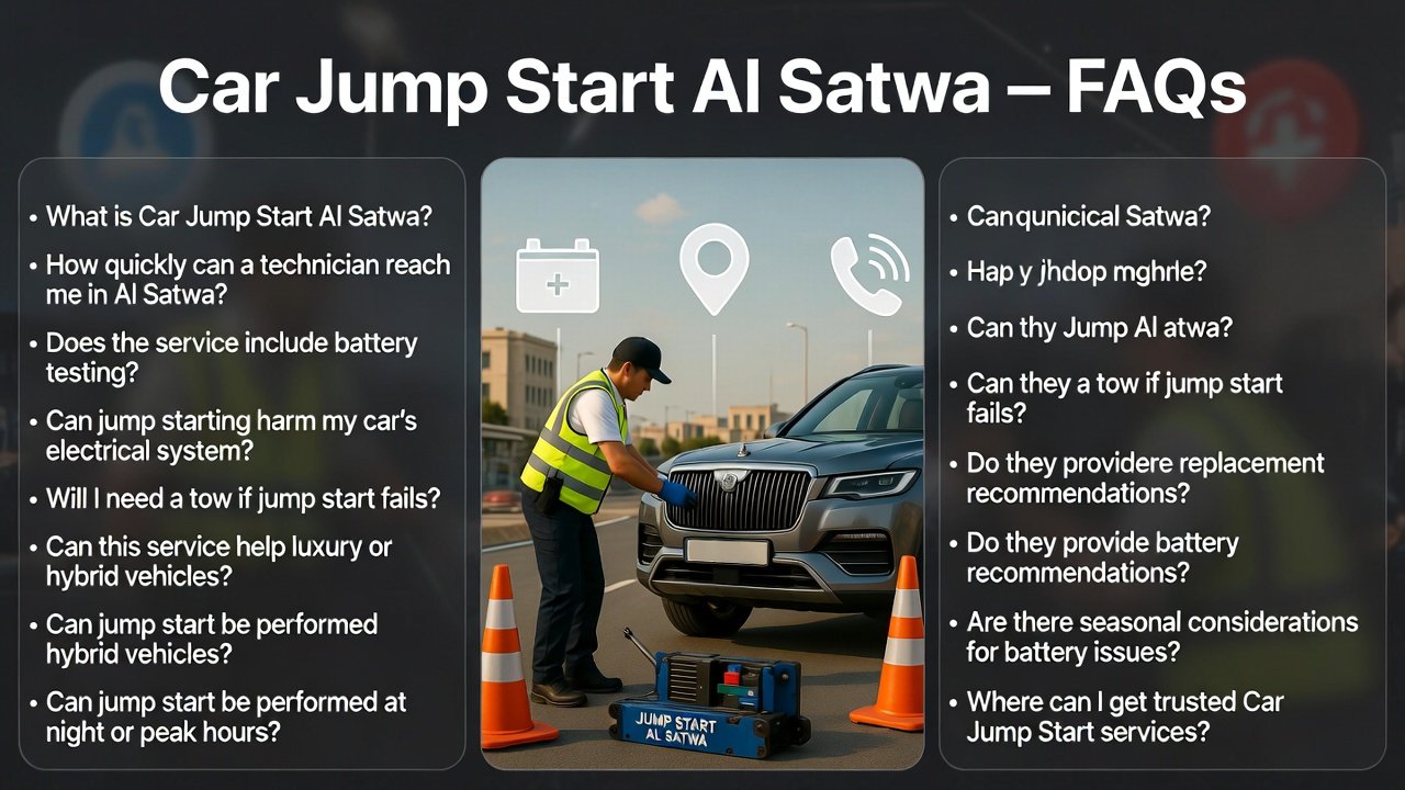 "Infographic showing Car Jump Start Al Satwa – FAQs with title at top, FAQ bullet points along the sides, and animated-style roadside assistance technician jump-starting a luxury SUV in Al Satwa with icons for battery, starter, GPS, and emergency call."