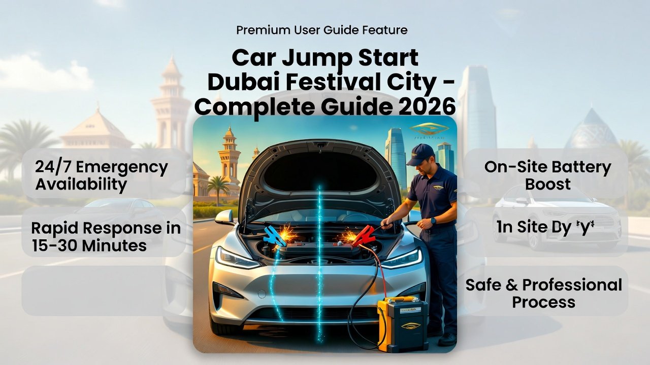 Technician performing on-site car jump start in Dubai Festival City with key service features highlighted on sides