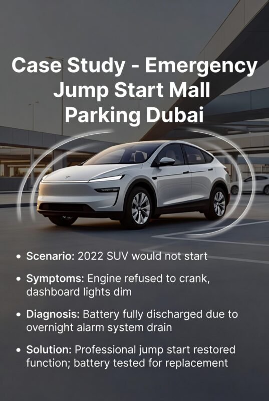 “Feature image showing top title, central 2022 SUV in Dubai Mall parking, and key case study points on sides in clean, animated style.”