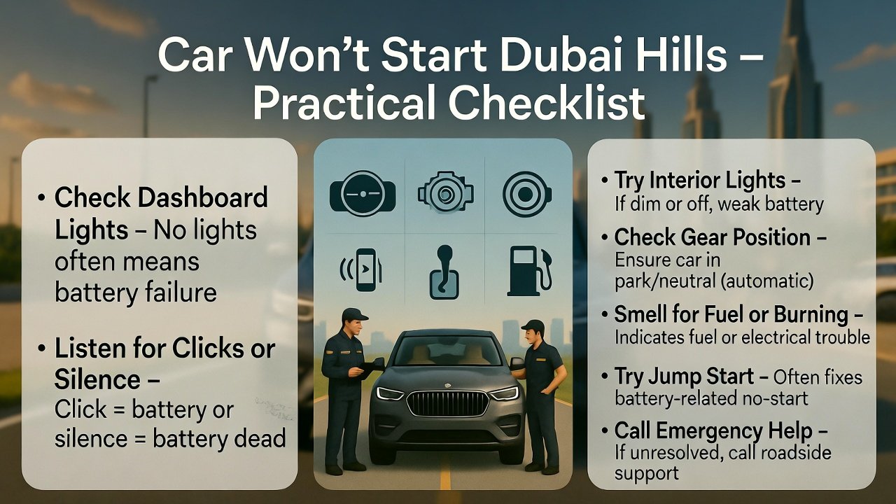 "Infographic showing Car Won’t Start Dubai Hills – Practical Checklist with title at top, checklist bullet points on sides, and animated-style roadside assistance team inspecting a luxury SUV in Dubai Hills with icons for dashboard, starter, interior lights, gear, fuel, jump start, and emergency call."