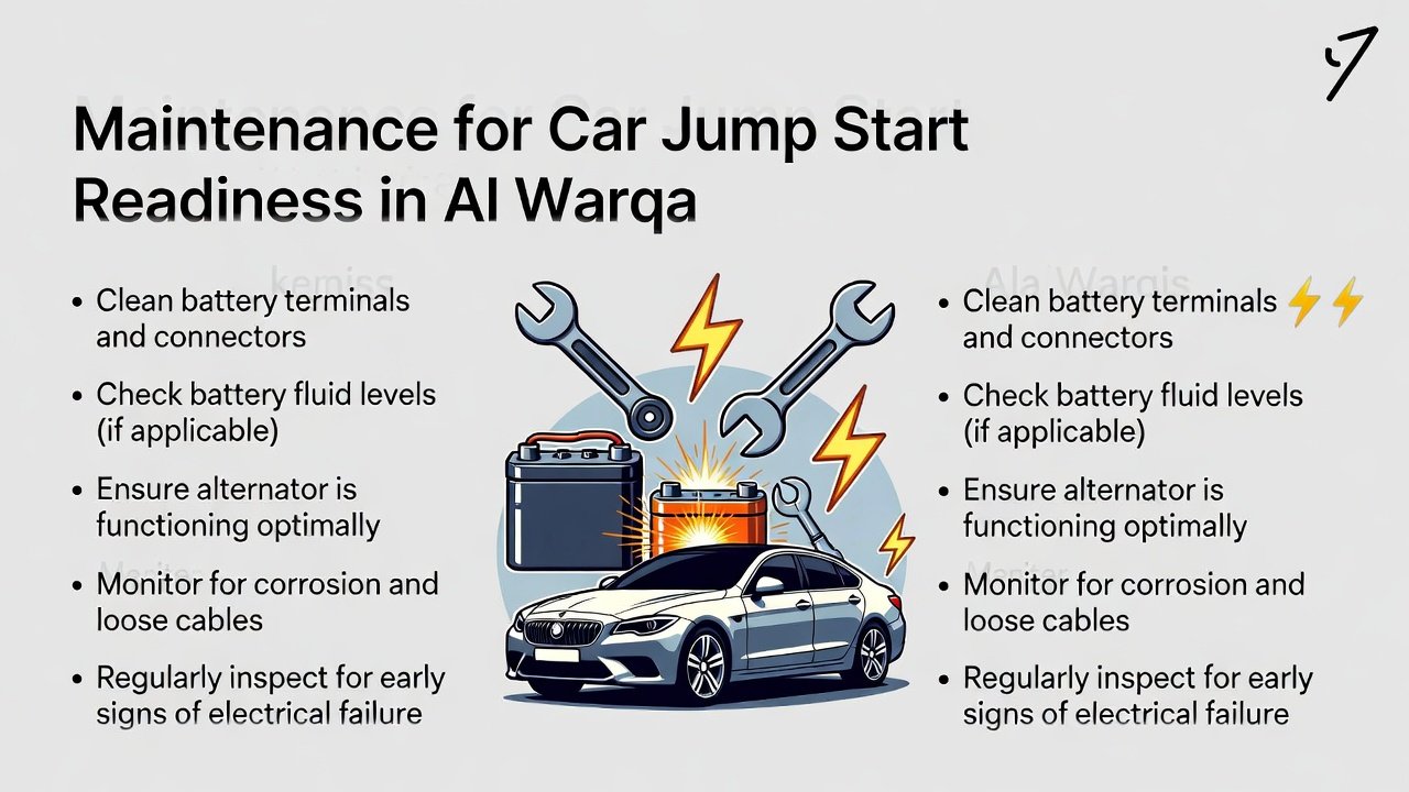 "Infographic showing maintenance practices for car jump start readiness in Al Warqa, with title at the top, key maintenance points on the sides, and an animated central car illustration depicting battery maintenance."