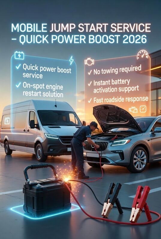Infographic showing mobile jump start service with roadside technician boosting a car battery, highlighting quick engine restart and emergency power support.