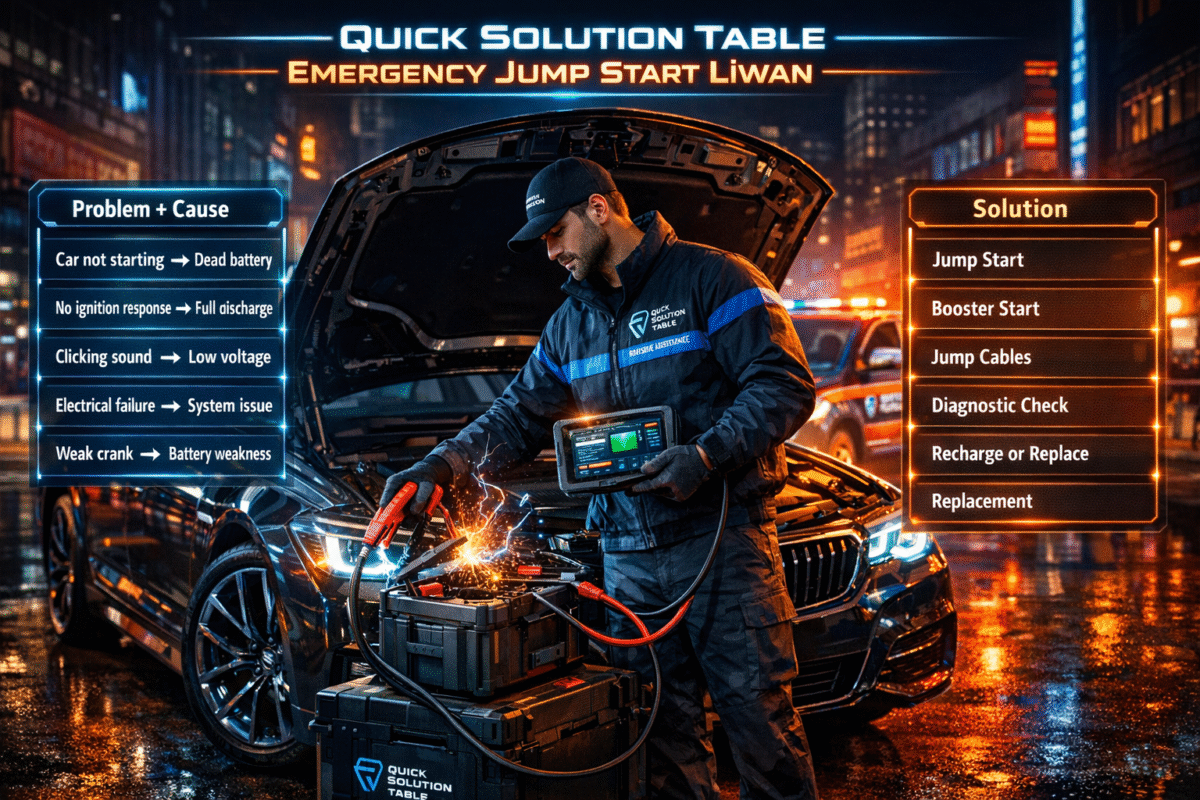 Infographic showing quick solution table for emergency jump start Liwan with car problems, causes, and solutions in a structured automotive service layout.