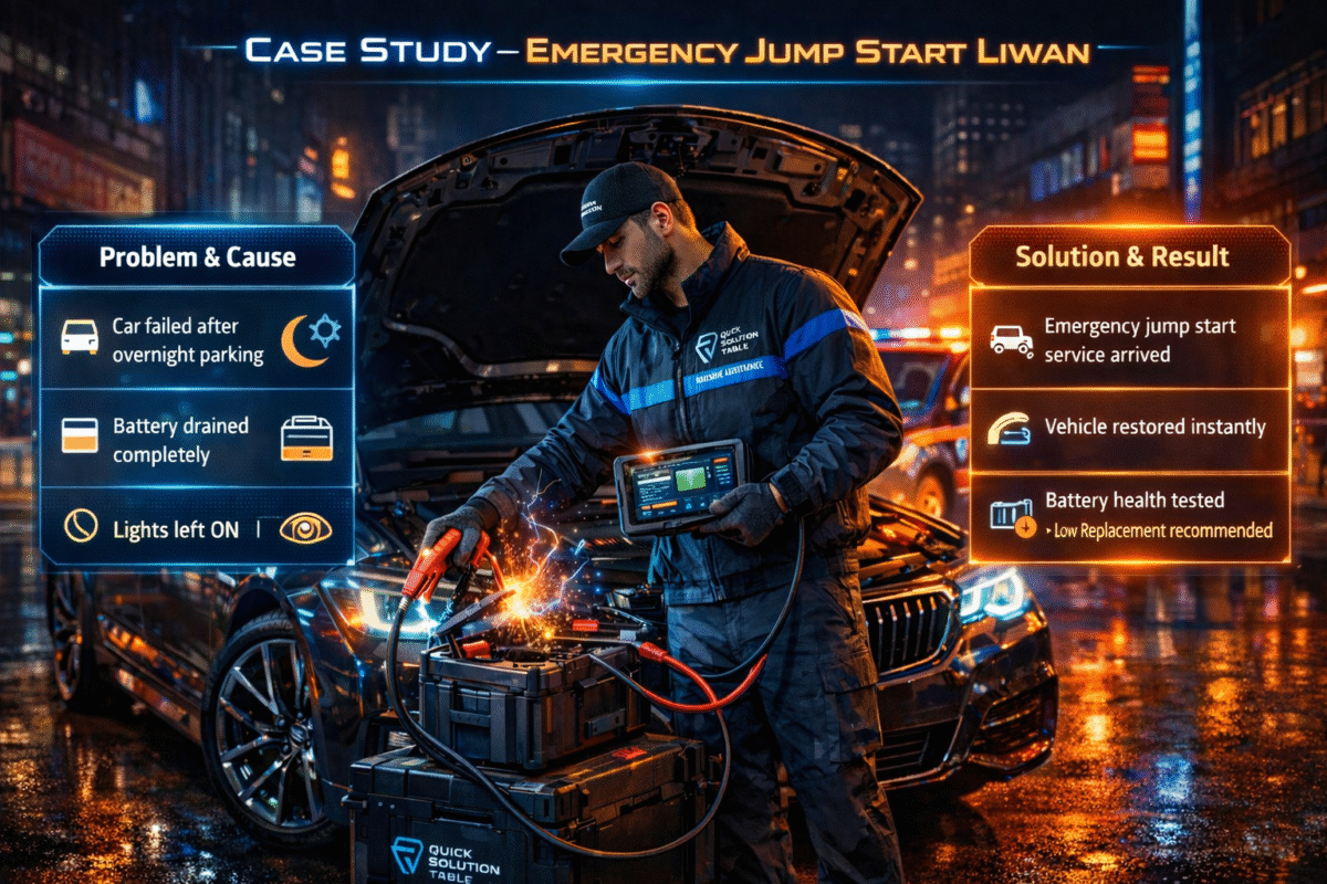 Case study infographic showing emergency jump start Liwan situation with car breakdown, battery drain cause, and successful roadside recovery.