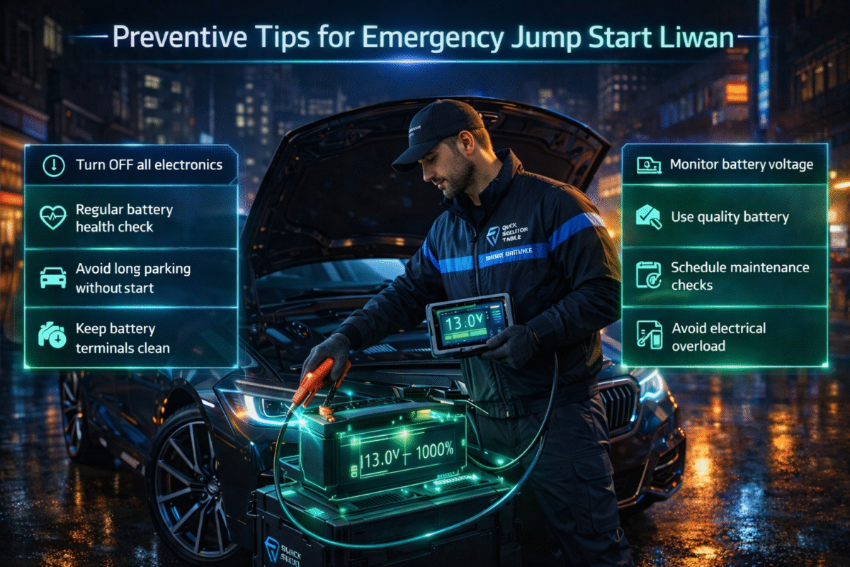 Infographic showing preventive tips for emergency jump start Liwan with battery care steps and maintenance guidance in a modern automotive design.