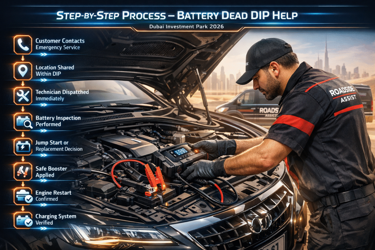 Infographic showing step-by-step battery dead help process in Dubai Investment Park with mobile mechanic performing jump start and workflow stages.