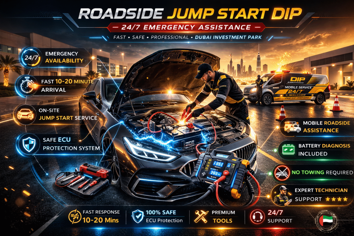 Infographic showing roadside jump start service in Dubai Investment Park with mobile mechanic performing battery boost and emergency assistance features.