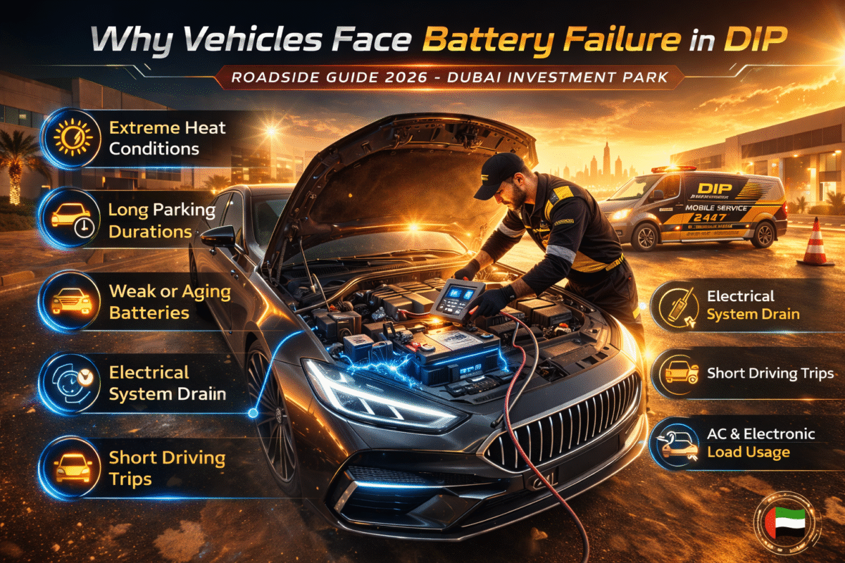 Infographic showing reasons for car battery failure in Dubai Investment Park including heat, long parking, and electrical load with mechanic inspection.