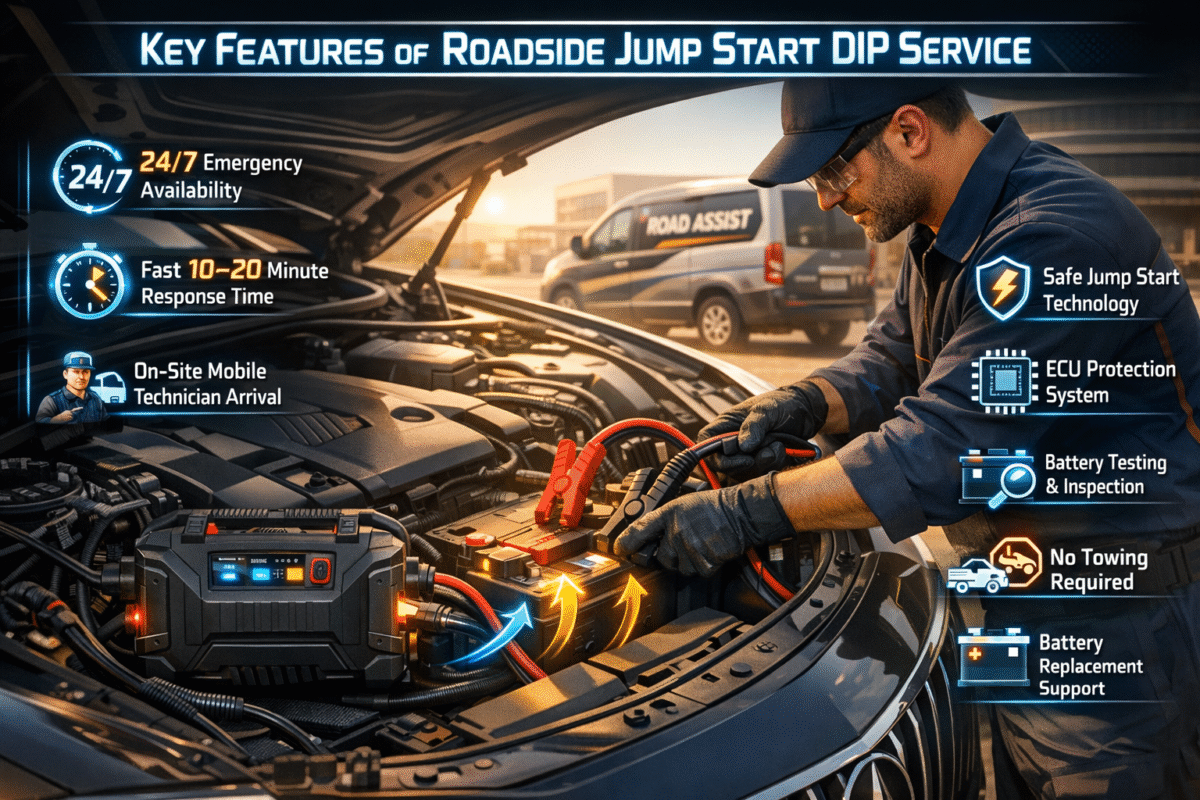 Infographic showing key features of roadside jump start service in Dubai Investment Park including fast response, mobile technician, and battery support.