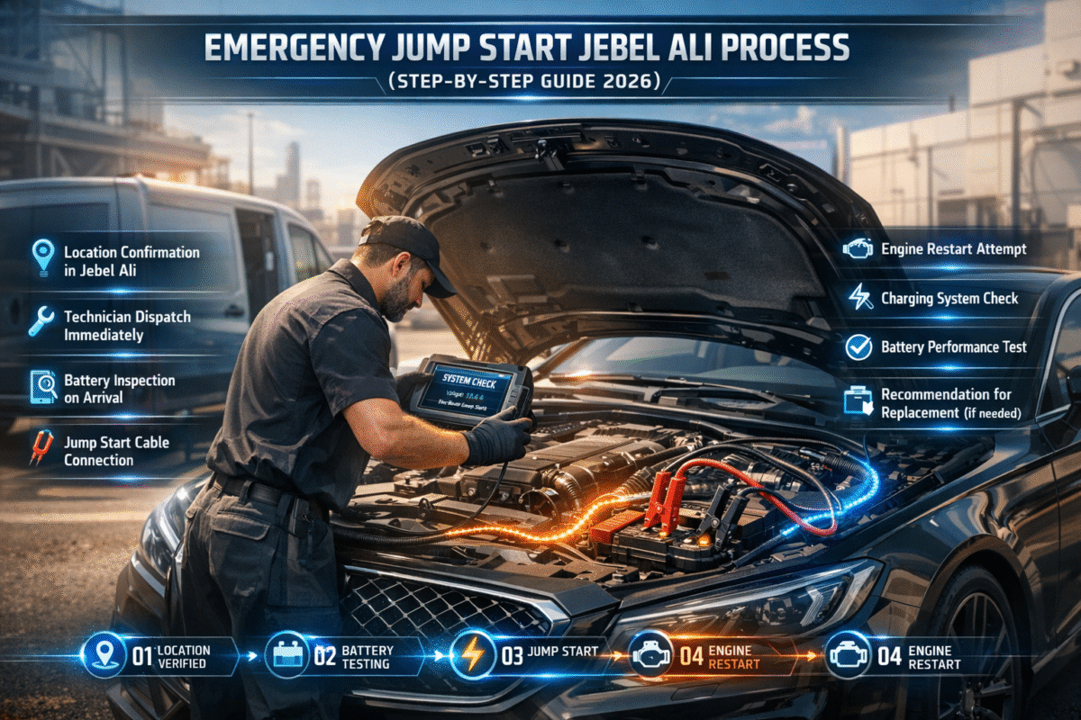 Infographic showing step-by-step emergency jump start process in Jebel Ali with luxury car, technician inspection, and structured workflow from dispatch to battery testing.