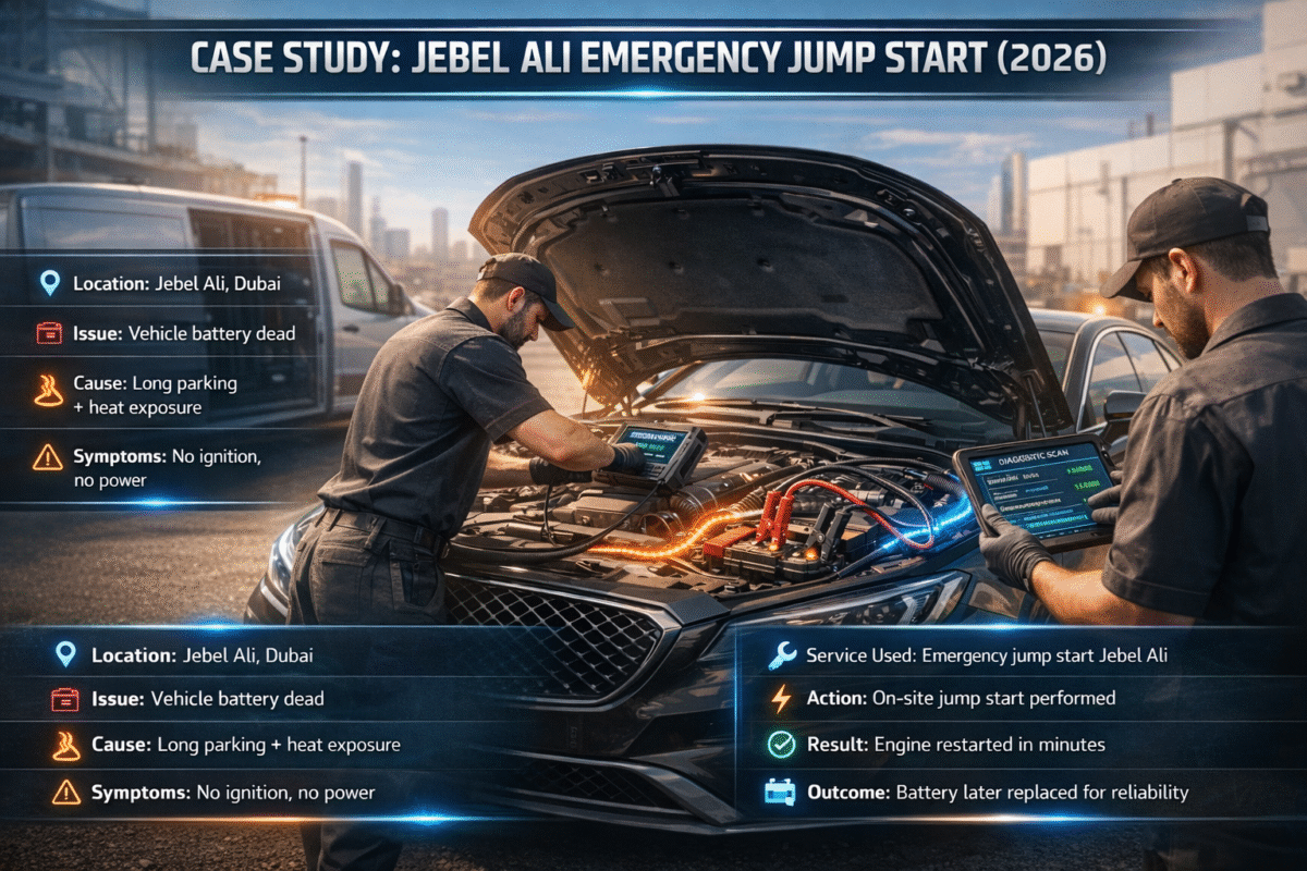 Infographic showing a real case study of emergency jump start in Jebel Ali with luxury car, technician assistance, and structured problem-solution-result format.
