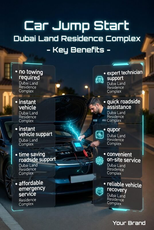 Mobile mechanic performing roadside car jump start in Dubai Land Residence Complex at night using booster device, showing key service benefits in infographic style on both sides.