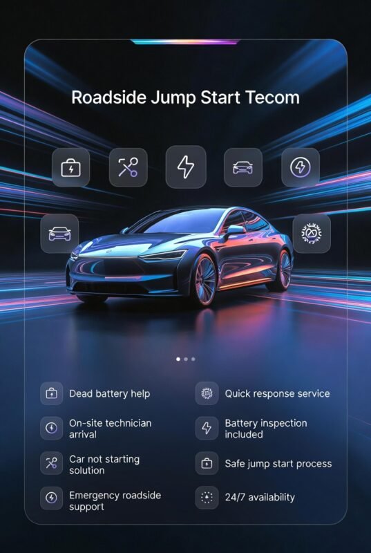 A modern roadside jump start user guide image showing a central car with key points on both sides and a bold title at the top in a futuristic design.