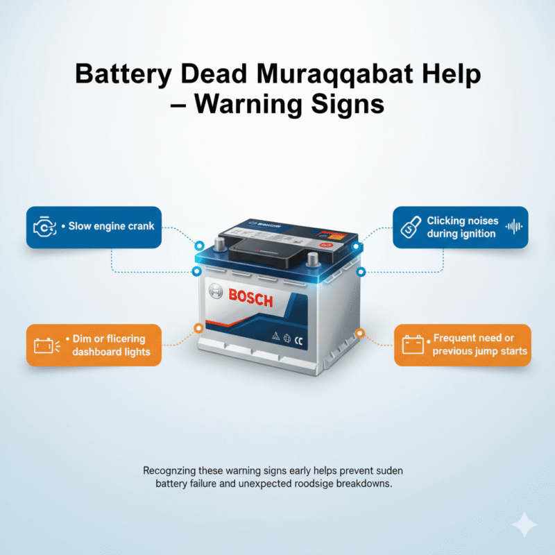 "Battery Dead Muraqqabat Help warning signs infographic showing slow engine crank, flickering dashboard lights, ignition clicking sounds, and frequent jump starts with premium battery in the center."