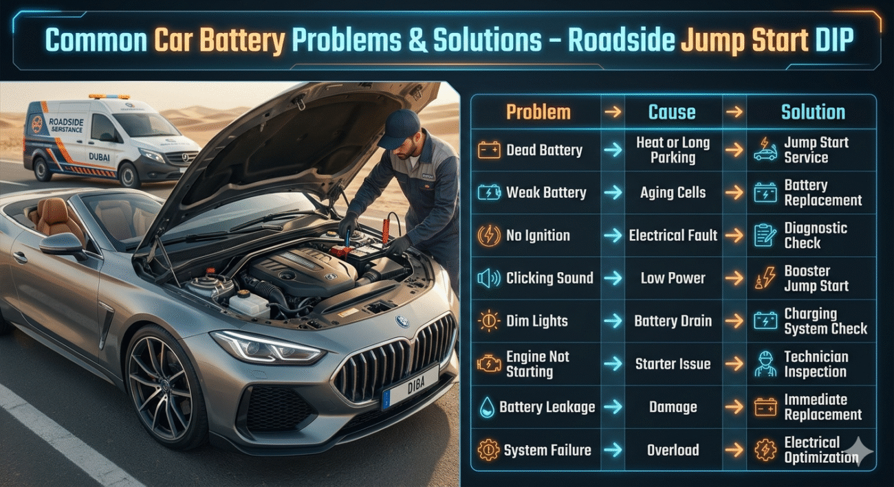Infographic table showing common car battery problems, causes, and solutions for roadside jump start service in Dubai Investment Park.