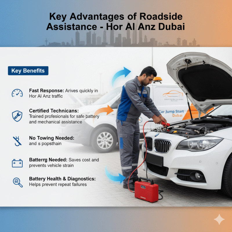 “Key advantages of roadside assistance in Hor Al Anz Dubai showing fast response, certified technicians, no towing needed, and battery diagnostics with technician helping a car.”