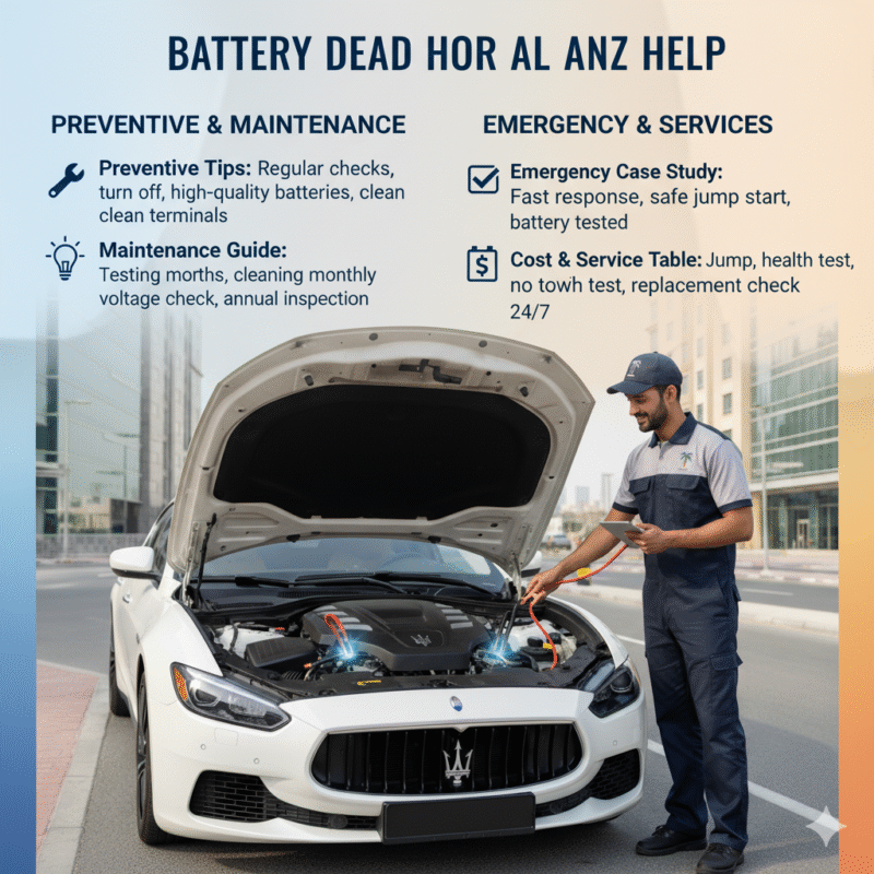 “Battery Dead Hor Al Anz Help guide showing preventive tips, maintenance, emergency case study, service cost, and key advantages with professional technician and premium car in center.”