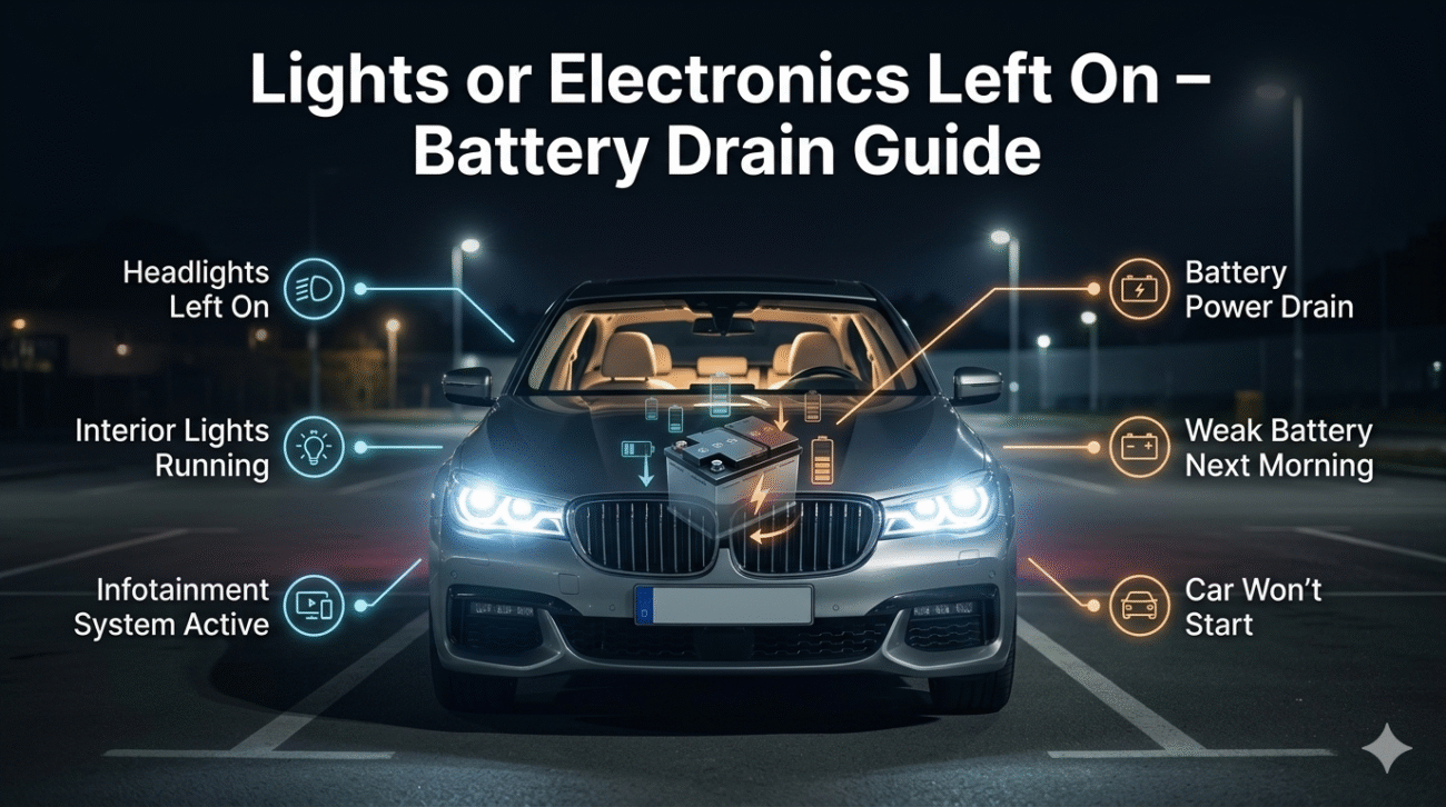 Car battery draining because headlights and electronics were left on overnight