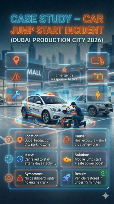 Infographic showing real car jump start case study in Dubai Production City including symptoms, cause, roadside solution, and successful vehicle restart without towing.