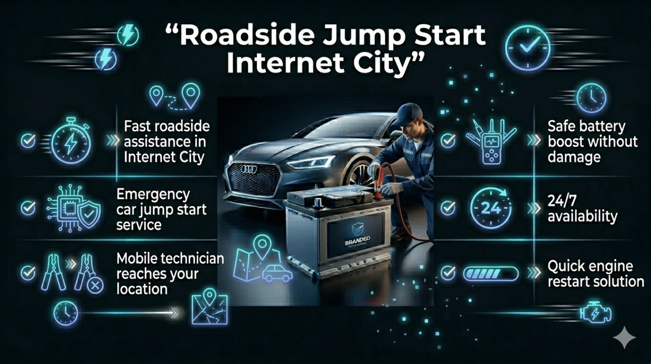 Roadside jump start Internet City showing emergency car battery service with central vehicle image, fast assistance, and bullet points explaining jump start service.
