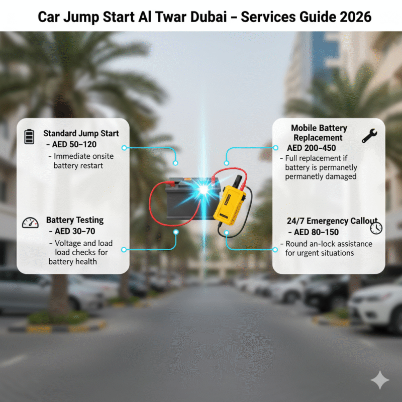 Animated infographic showing Car Jump Start Al Twar Dubai services with a branded jump starter in the center. Key service points and costs displayed on left and right sides. Title on top.