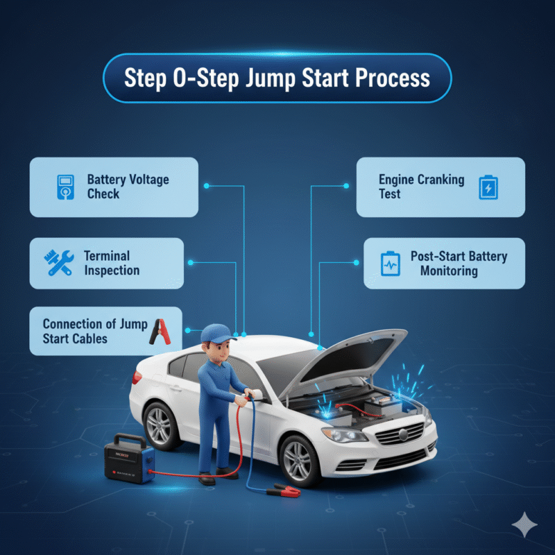 "User guide feature image showing 'Step-by-Step Jump Start Process' as the title on top, key steps displayed as bullet points on the sides, and an animated car illustration in the center."