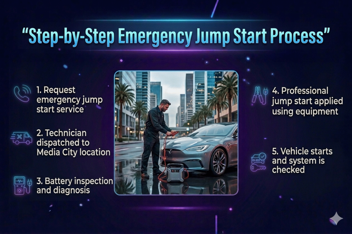 Infographic showing step-by-step emergency jump start process with technician, battery inspection, and vehicle starting steps displayed around a central car image.