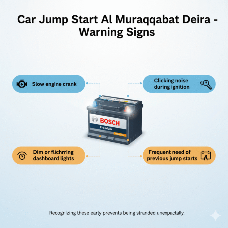 "Car Jump Start Al Muraqqabat Deira infographic showing title on top, key battery warning signs on sides, with premium battery in the center and animated infographic style."