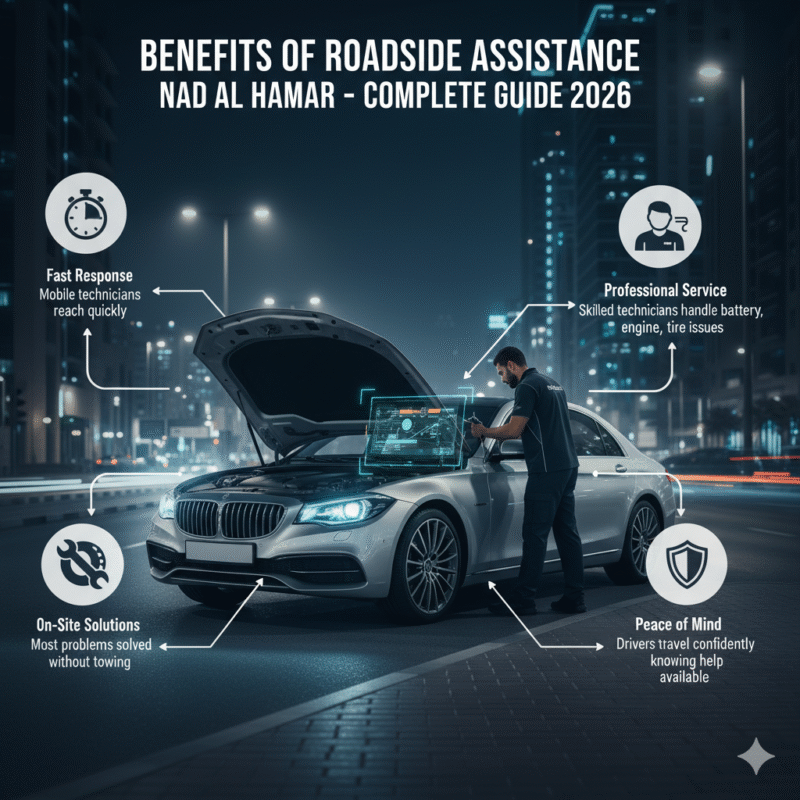 Luxury car in Nad Al Hamar with mobile roadside technician and icons showing fast response, on-site solutions, professional service, and peace of mind.