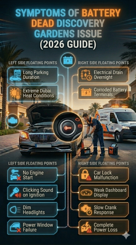 Infographic showing symptoms of a dead car battery in Discovery Gardens with a luxury vehicle, mechanic inspection, and structured warning signs displayed on both sides.