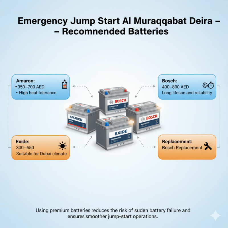 "Emergency Jump Start Al Muraqqabat Deira infographic showing title on top, recommended battery brands (Amaron, Bosch, Exide) with prices and performance notes on sides, and premium battery images in the center with animated infographic style."