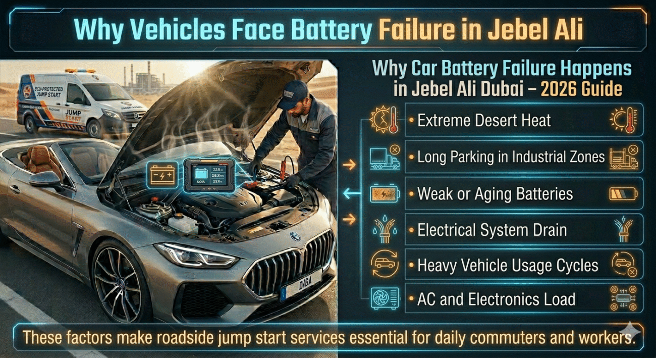 Infographic showing causes of car battery failure in Jebel Ali Dubai including heat, long parking, and electrical issues.