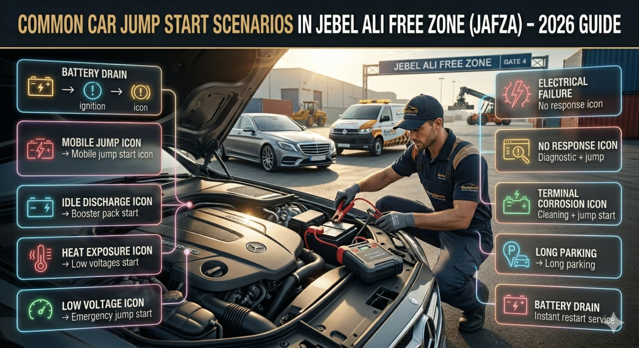 Cinematic infographic showing car jump start scenarios in Jebel Ali Free Zone with mobile mechanic, battery booster, and labeled emergency solutions in a structured roadside assistance guide.