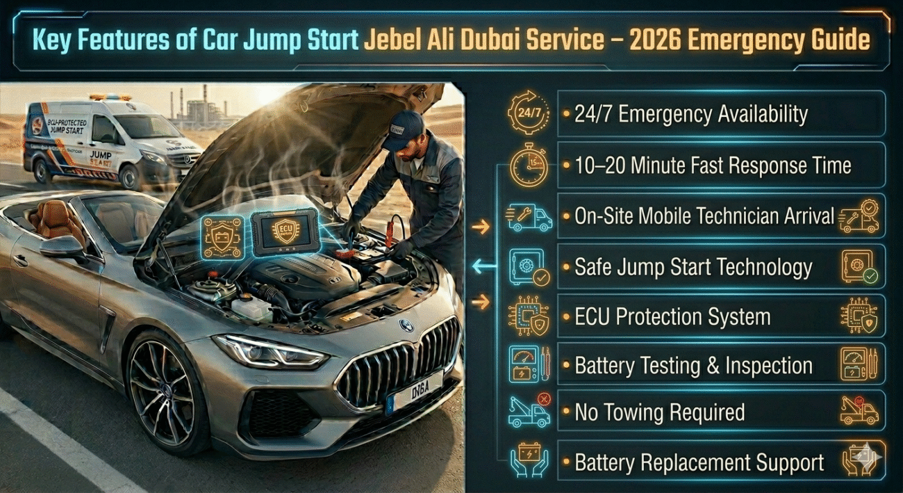 Infographic showing key features of car jump start service in Jebel Ali Dubai including fast response, ECU protection, and mobile technician support.