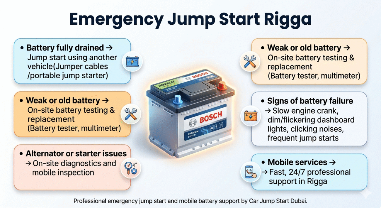 "Emergency Jump Start Rigga infographic showing title on top, key solutions and warning signs on sides, and premium battery in the center with animated infographic style."