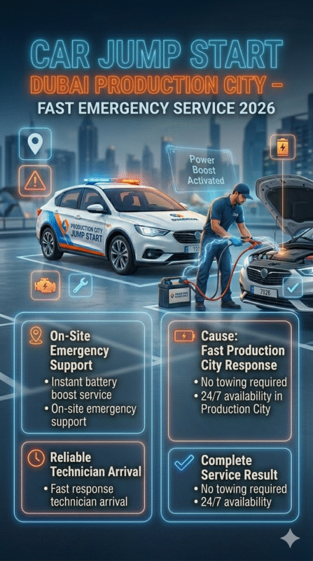 Infographic showing car jump start service in Dubai Production City with technician boosting a dead car battery, highlighting fast roadside assistance and emergency engine restart.