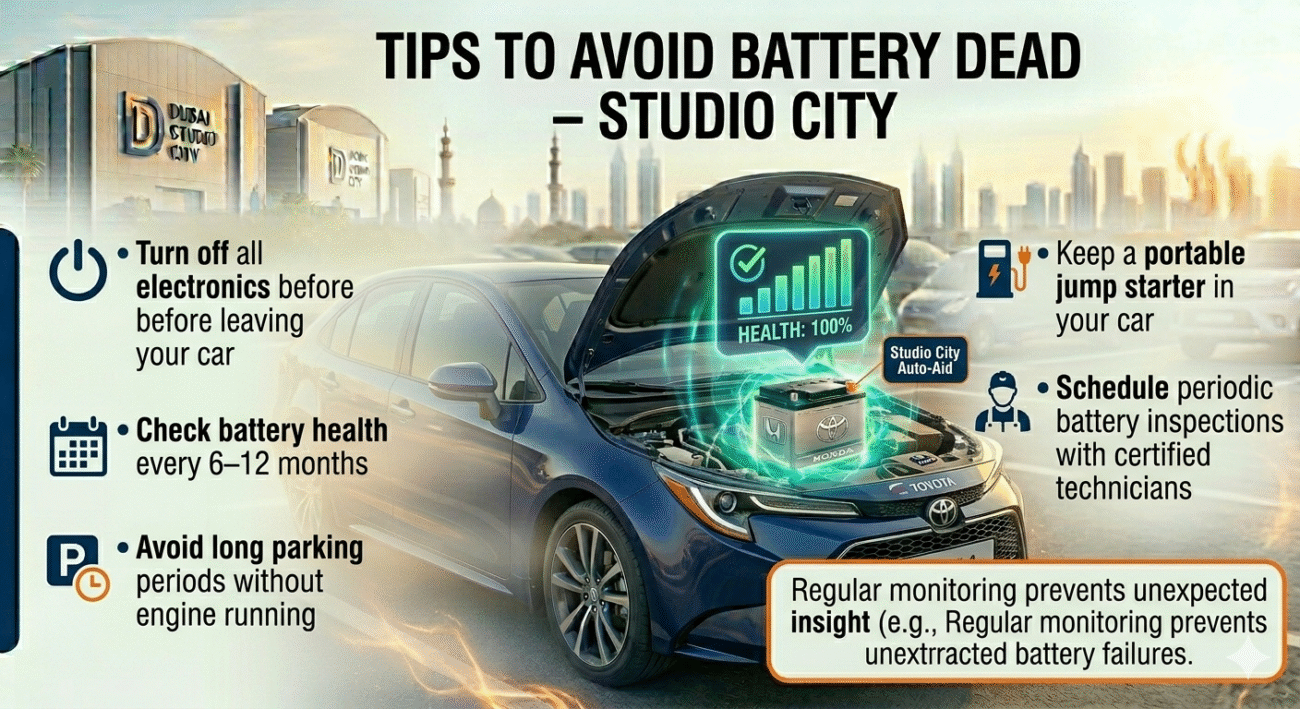 "Tips to avoid battery dead in Studio City showing a glowing car battery, roadside icons for each tip, and clean bullet points on the sides."