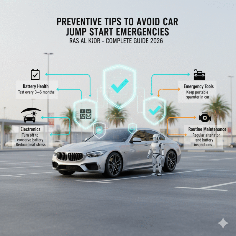 Luxury car in Ras Al Khor with icons for battery health checks, electronics off, shaded parking, emergency tools, and routine maintenance to prevent jump start emergencies.
