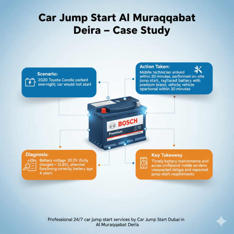 "Car Jump Start Al Muraqqabat Deira case study infographic showing title on top, scenario, diagnosis, action taken, and key takeaway on sides, with premium battery in the center and animated infographic style."