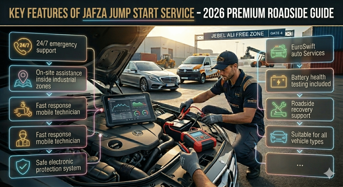 Cinematic infographic showing key features of JAFZA jump start service with mobile mechanic, battery booster, and roadside assistance benefits displayed in structured floating panels.