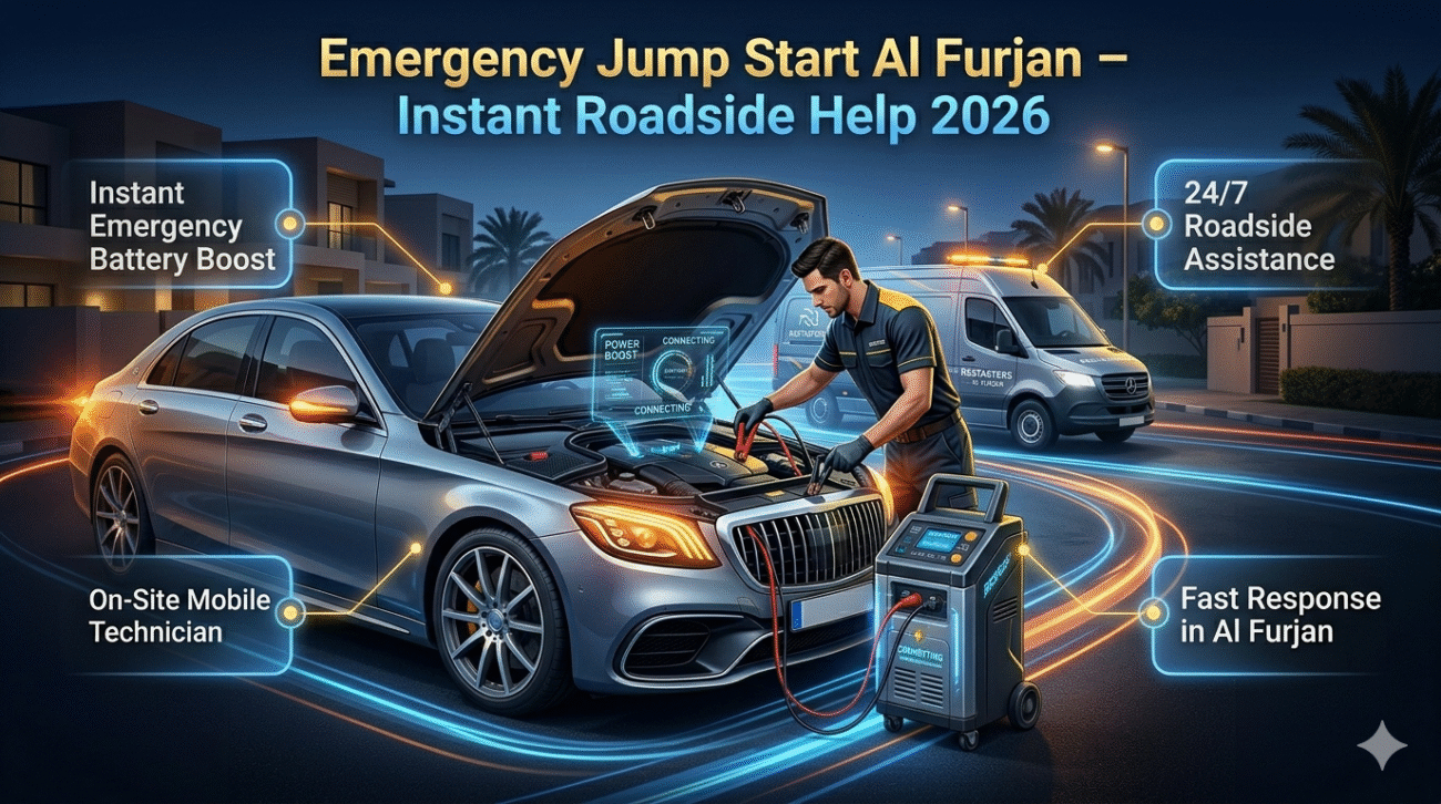 Emergency jump start service in Al Furjan providing instant roadside battery boost and mobile technician support for dead car battery