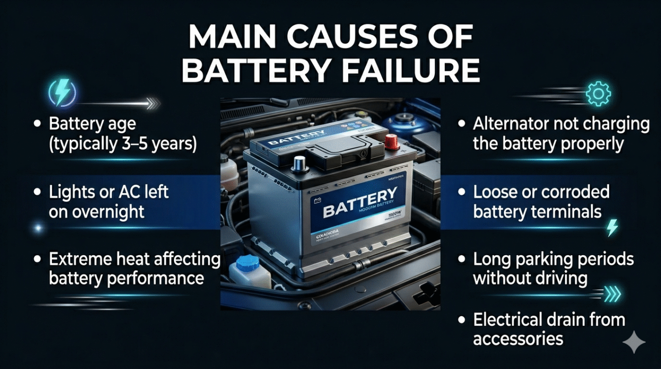 Main causes of battery failure including battery age, heat damage, alternator issues, and electrical drain shown in a clean automotive user guide image with bullet points and central car visual.