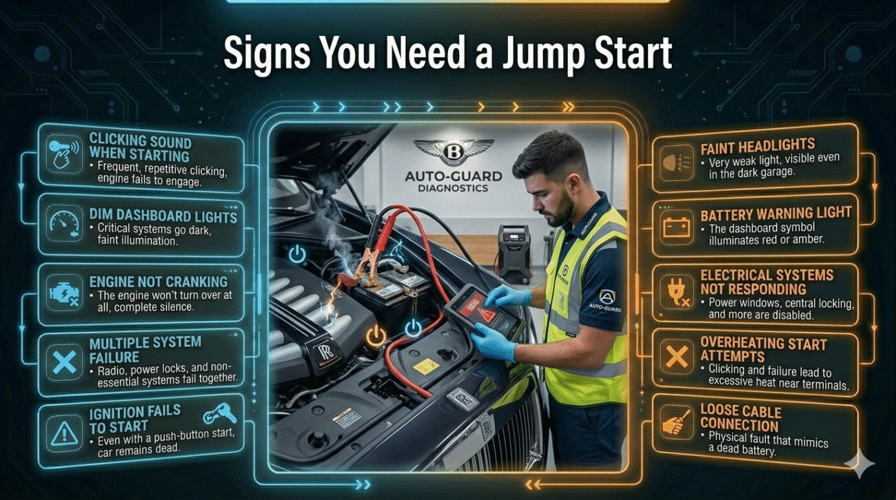 Visual guide showing warning signs of a car needing a jump start with symptoms listed on both sides and a central car dashboard image.