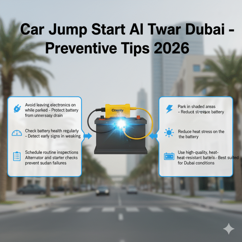 Animated infographic showing preventive tips for car battery in Al Twar, Dubai. Central animated battery with branded jump starter, key preventive points displayed on left and right sides, title on top.