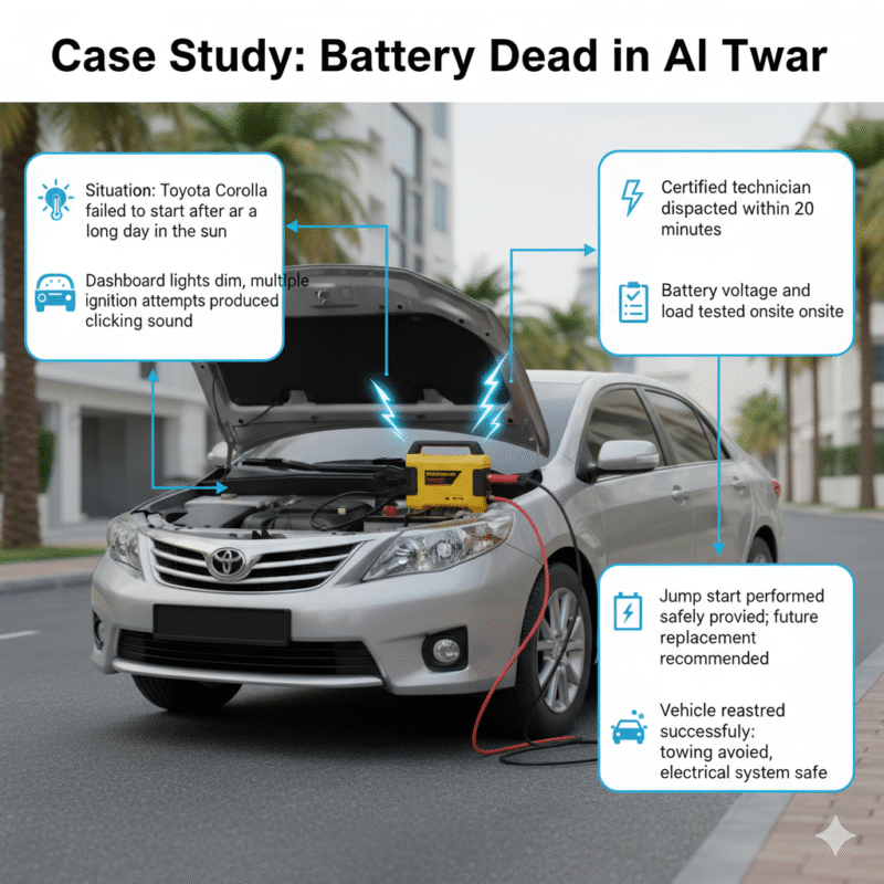Animated infographic showing a Toyota Corolla being jump-started in Al Twar, Dubai, with key case study points displayed on left and right sides, and title on top.